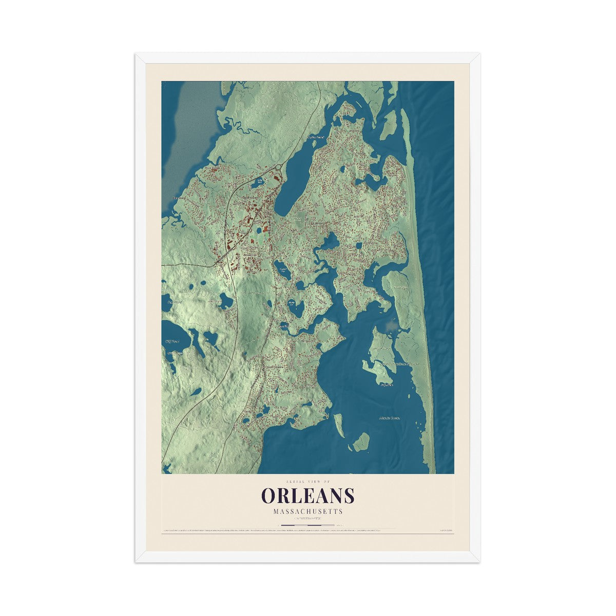 Map of Orleans, Massachusetts, 12 x 18 inch print in a white wood frame