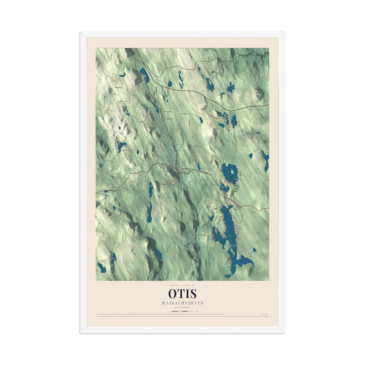 Map of Otis, Massachusetts, 12 x 18 inch print in a white wood frame