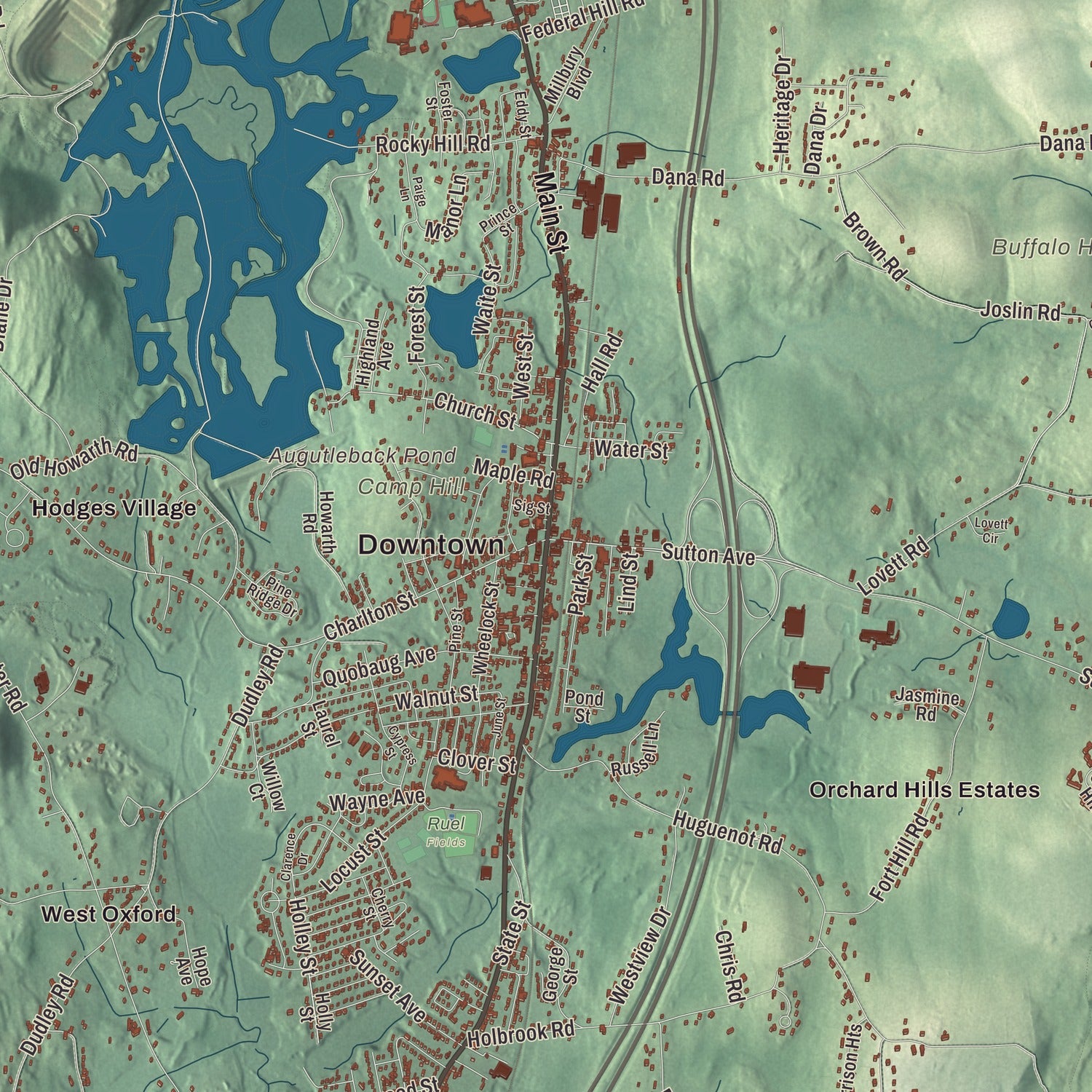 Street and neighborhood detail from the Oxford, Massachusetts map