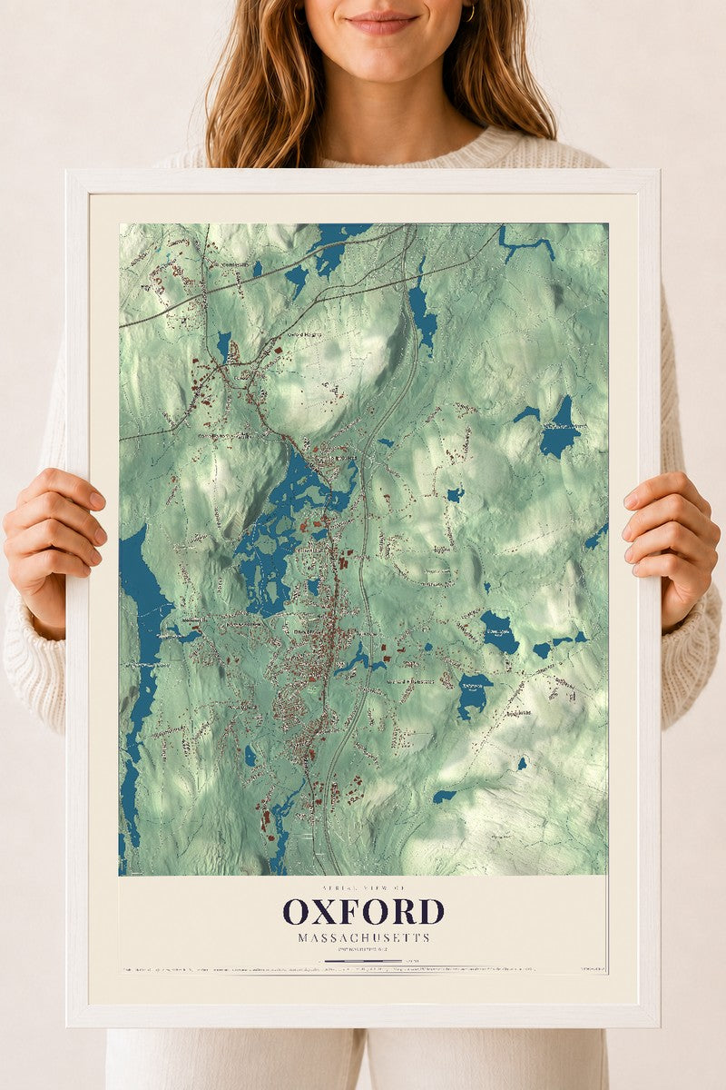 Oxford, Massachusetts map print - 18 x 24 white Ayous wood frame