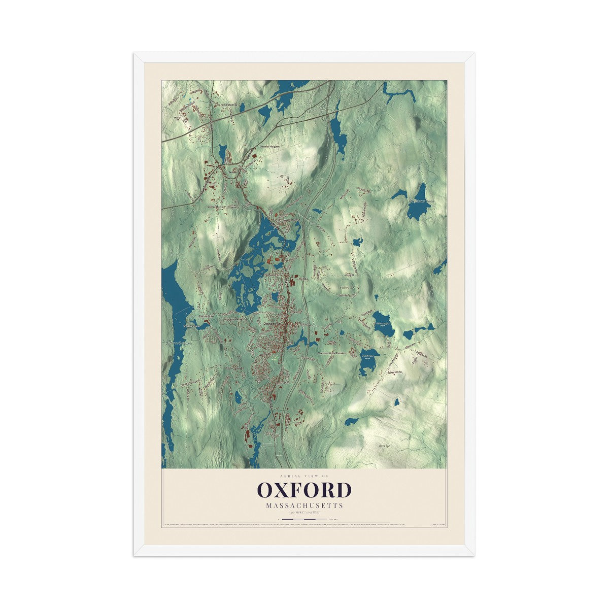 Map of Oxford, Massachusetts, 12 x 18 inch print in a white wood frame