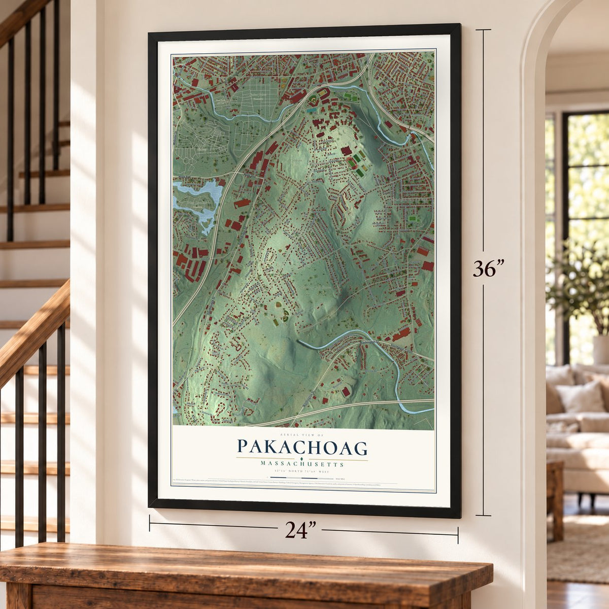 Pakachoag, Massachusetts map, 24 x 36 inch print in a black frame by a staircase