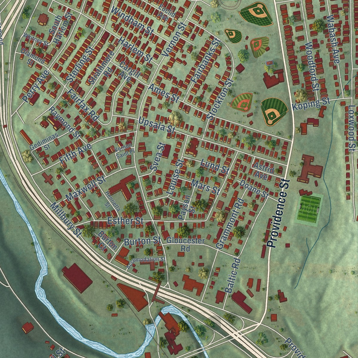 Close-up of the map of Pakachoag, Massachusetts print showing street and building detail