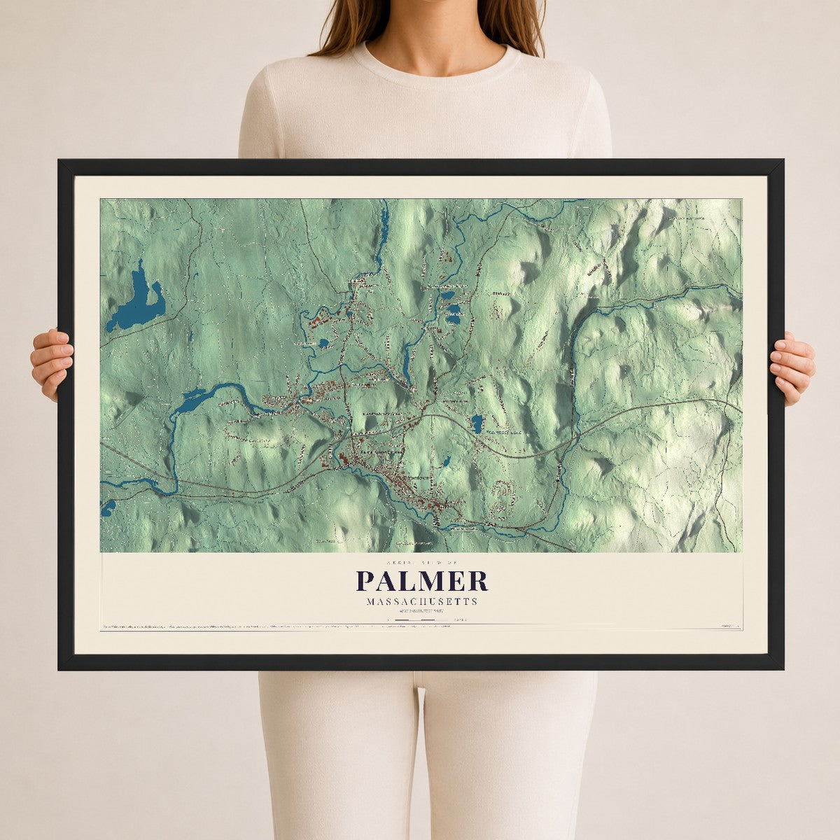 Palmer, Massachusetts map print - 24 x 36 black Ayous wood frame