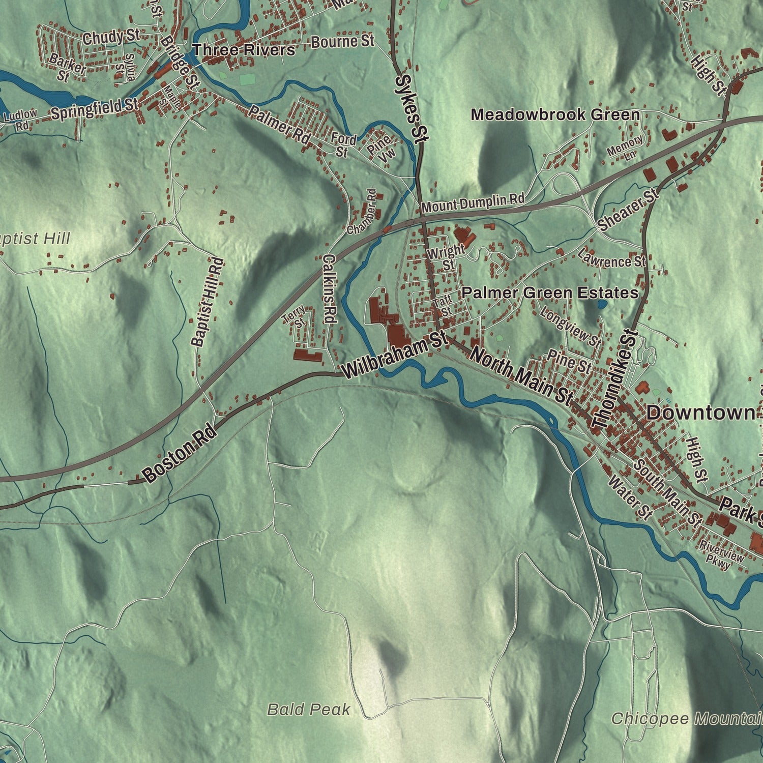 Terrain and local geography detail from the Palmer, Massachusetts map