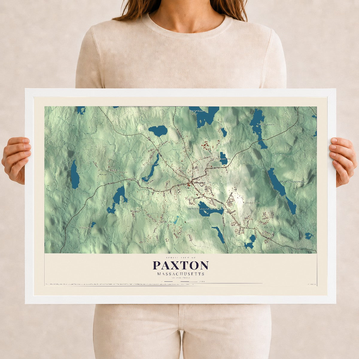 Paxton, Massachusetts map print - 12 x 18 white Ayous wood frame