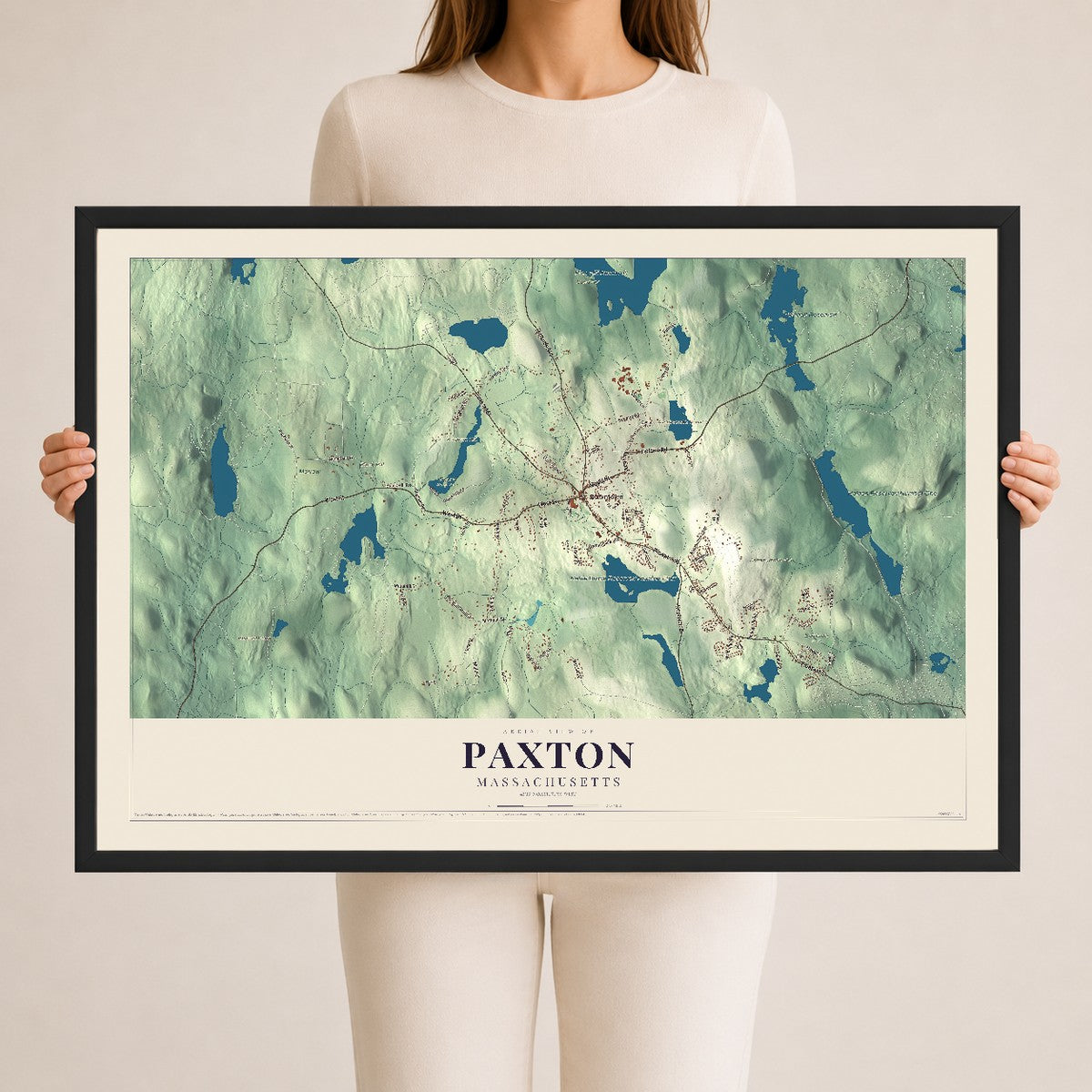 Paxton, Massachusetts map print - 24 x 36 black Ayous wood frame