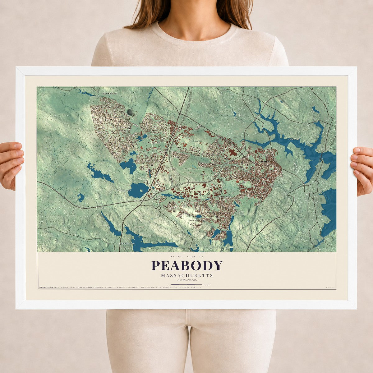 Peabody, Massachusetts map print - 18 x 24 white Ayous wood frame