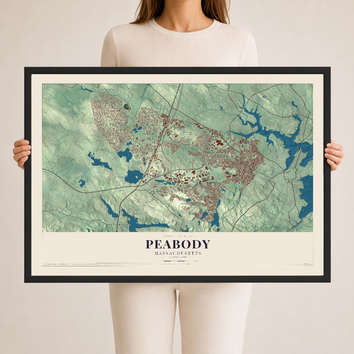 Peabody, Massachusetts map print - 24 x 36 black Ayous wood frame
