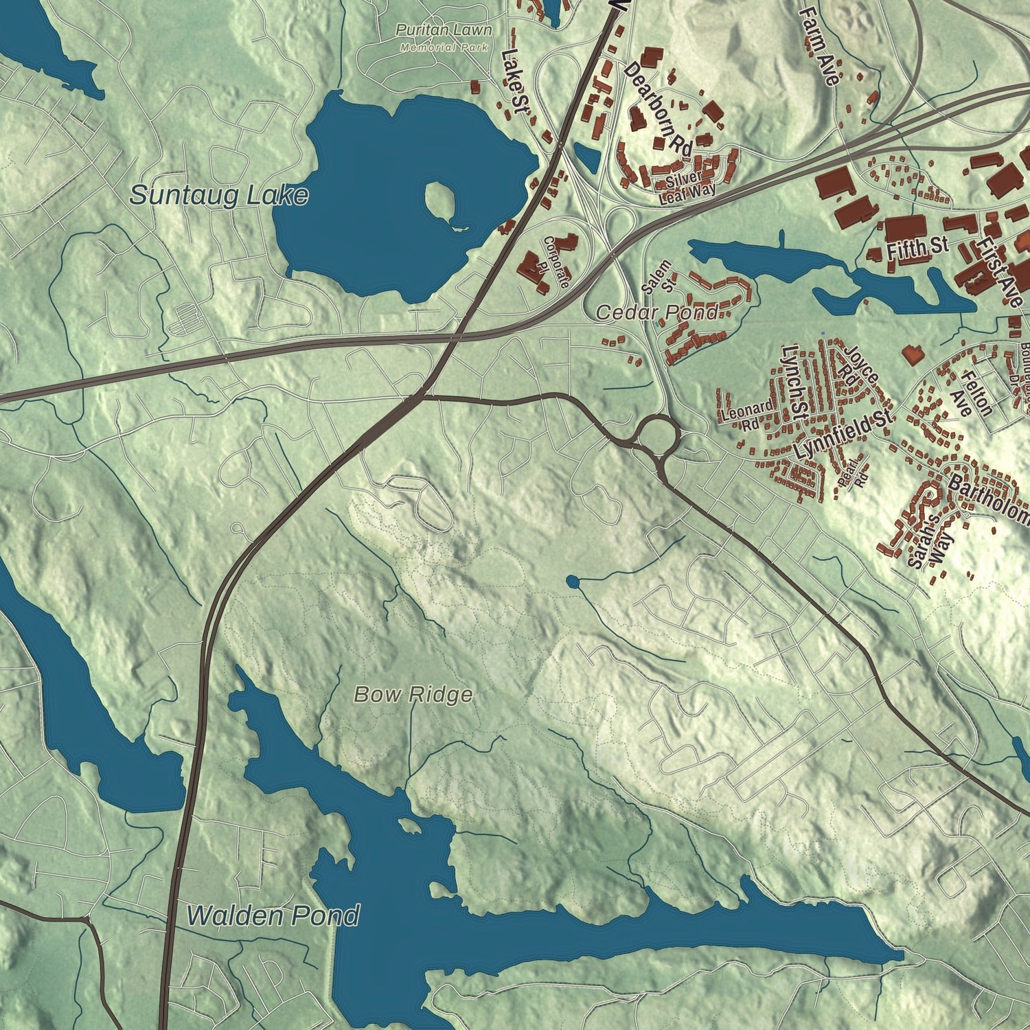 Terrain and local geography detail from the Peabody, Massachusetts map