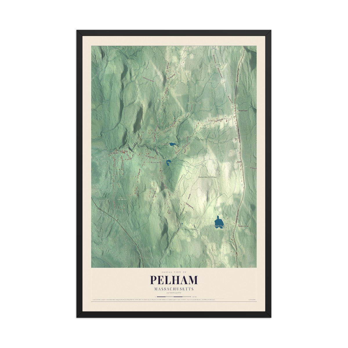 Map of Pelham, Massachusetts, 12 x 18 inch print in a black wood frame