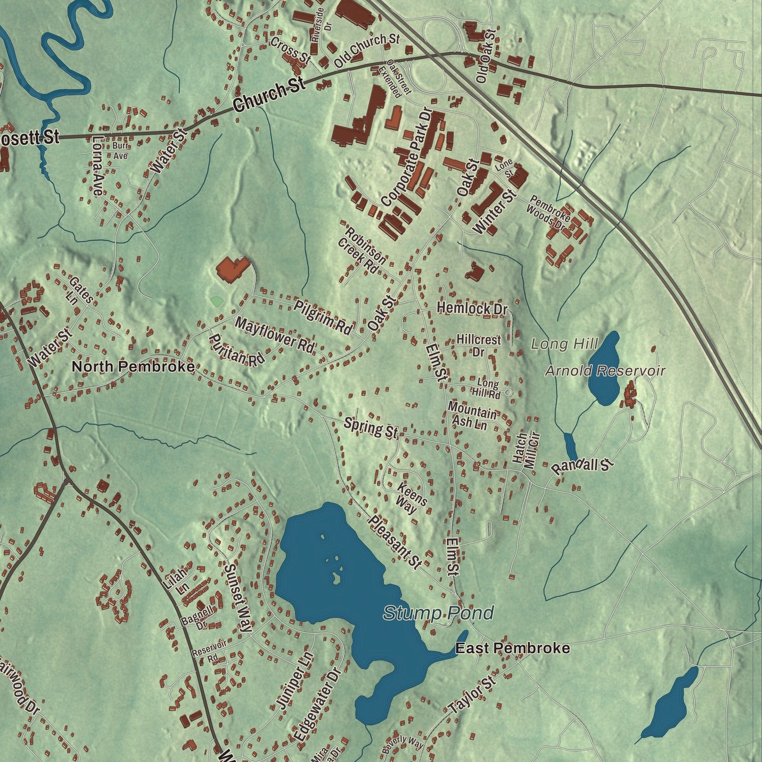 Terrain and local geography detail from the Pembroke, Massachusetts map