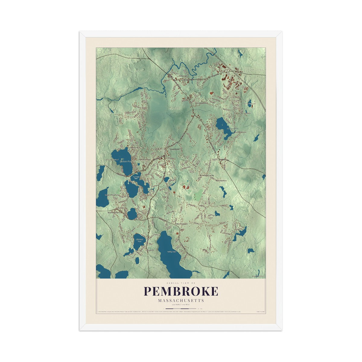 Map of Pembroke, Massachusetts, 12 x 18 inch print in a white wood frame