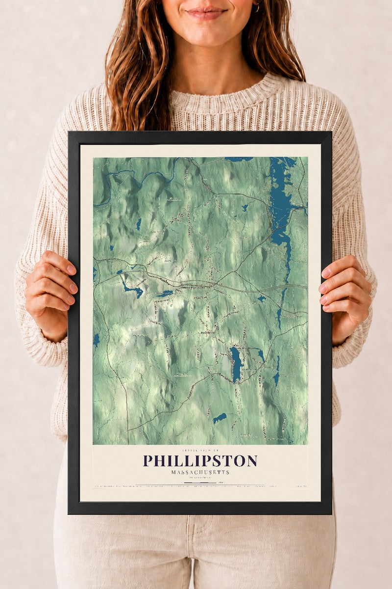 Phillipston, Massachusetts map print - 12 x 18 black Ayous wood frame