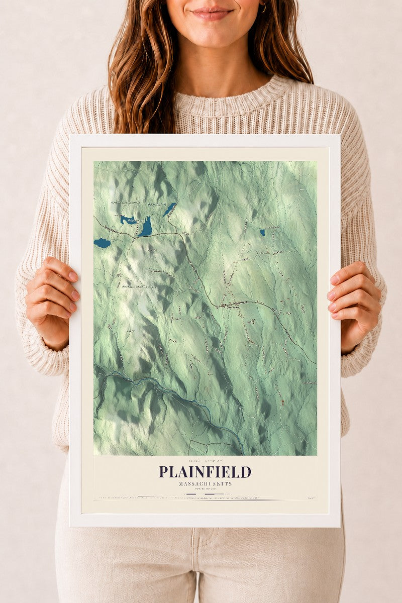 Plainfield, Massachusetts map print - 12 x 18 white Ayous wood frame