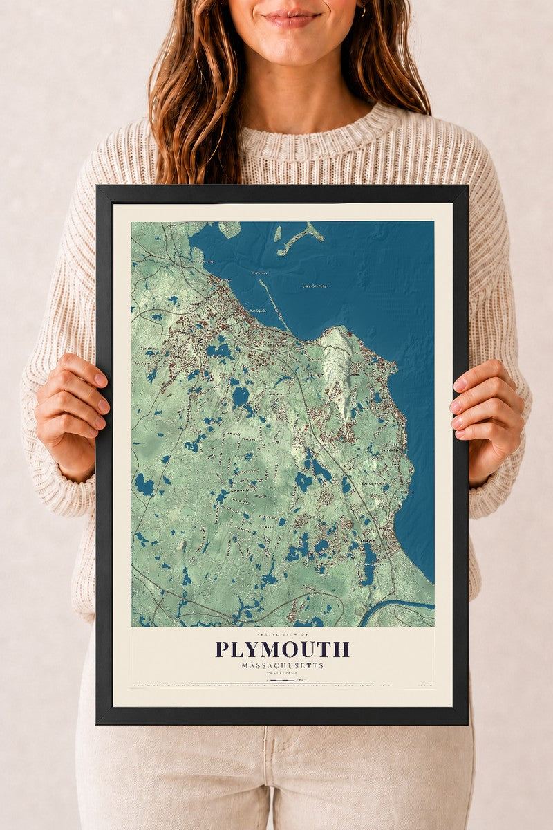 Plymouth, Massachusetts map print - 12 x 18 black Ayous wood frame