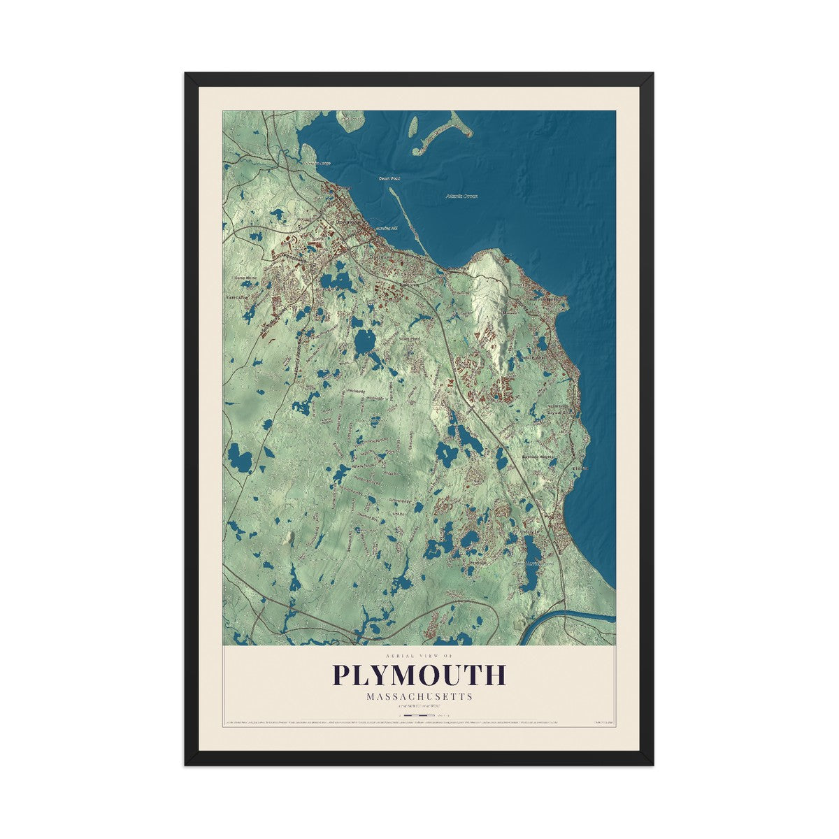 Map of Plymouth, Massachusetts, 12 x 18 inch print in a black wood frame