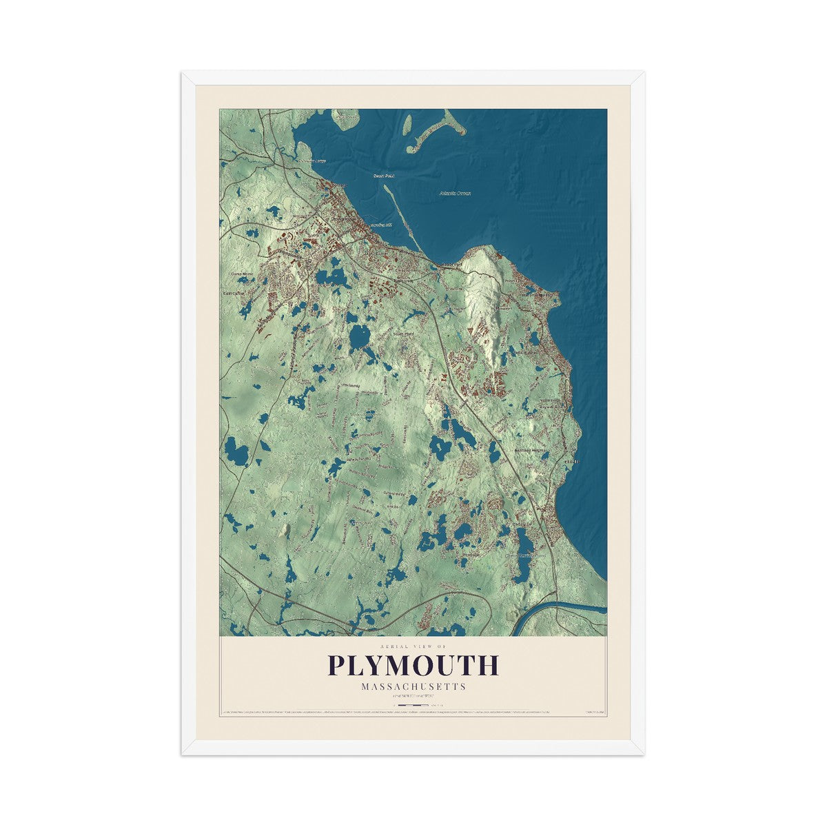 Map of Plymouth, Massachusetts, 12 x 18 inch print in a white wood frame