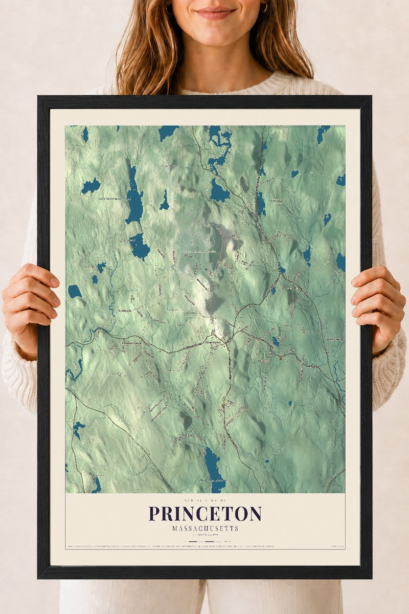 Princeton, Massachusetts map print - 18 x 24 black Ayous wood frame