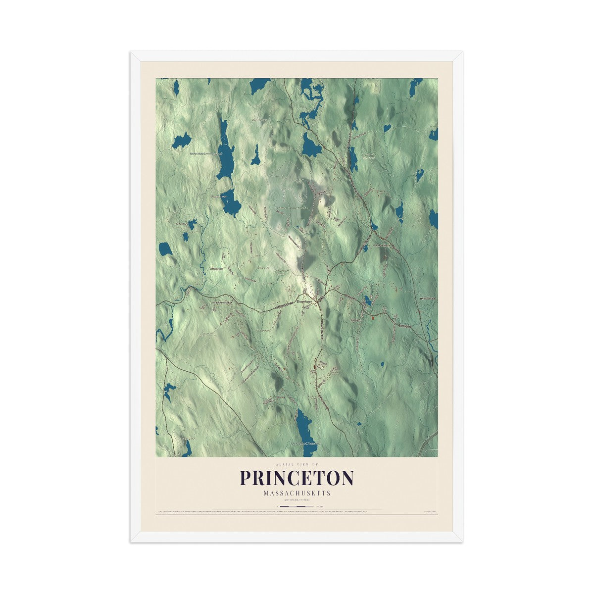 Map of Princeton, Massachusetts, 12 x 18 inch print in a white wood frame