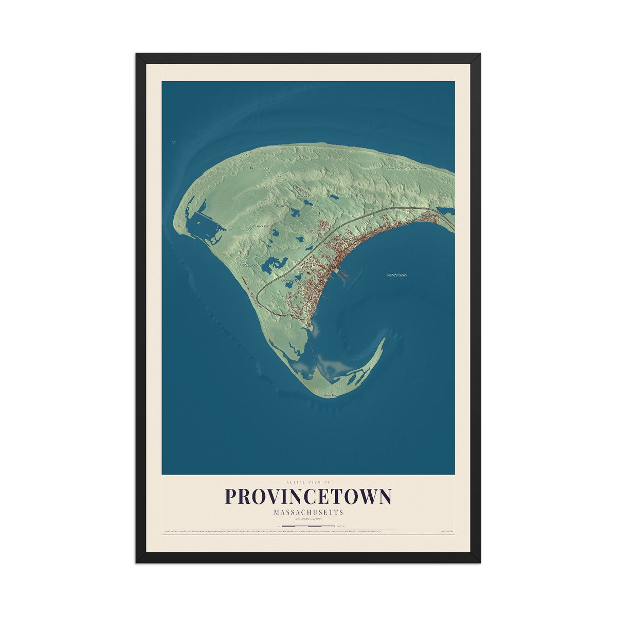Map of Provincetown, Massachusetts, 12 x 18 inch print in a black wood frame
