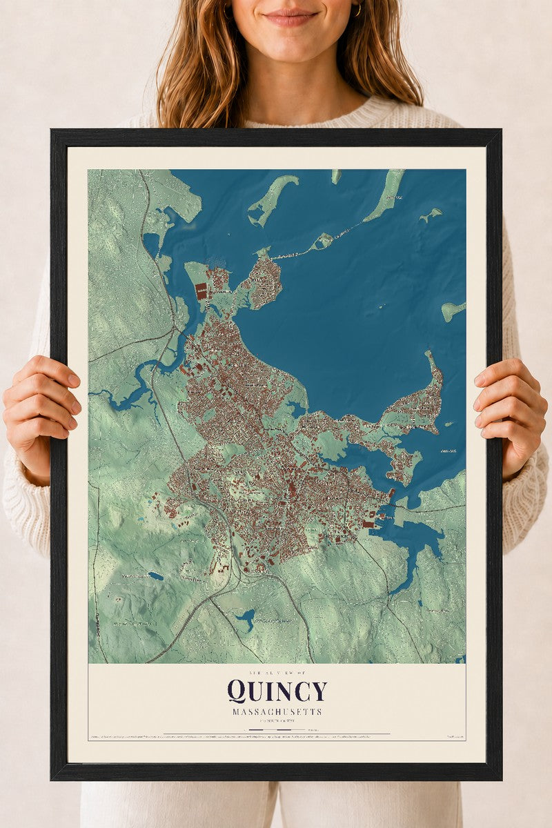 Quincy, Massachusetts map print - 18 x 24 black Ayous wood frame