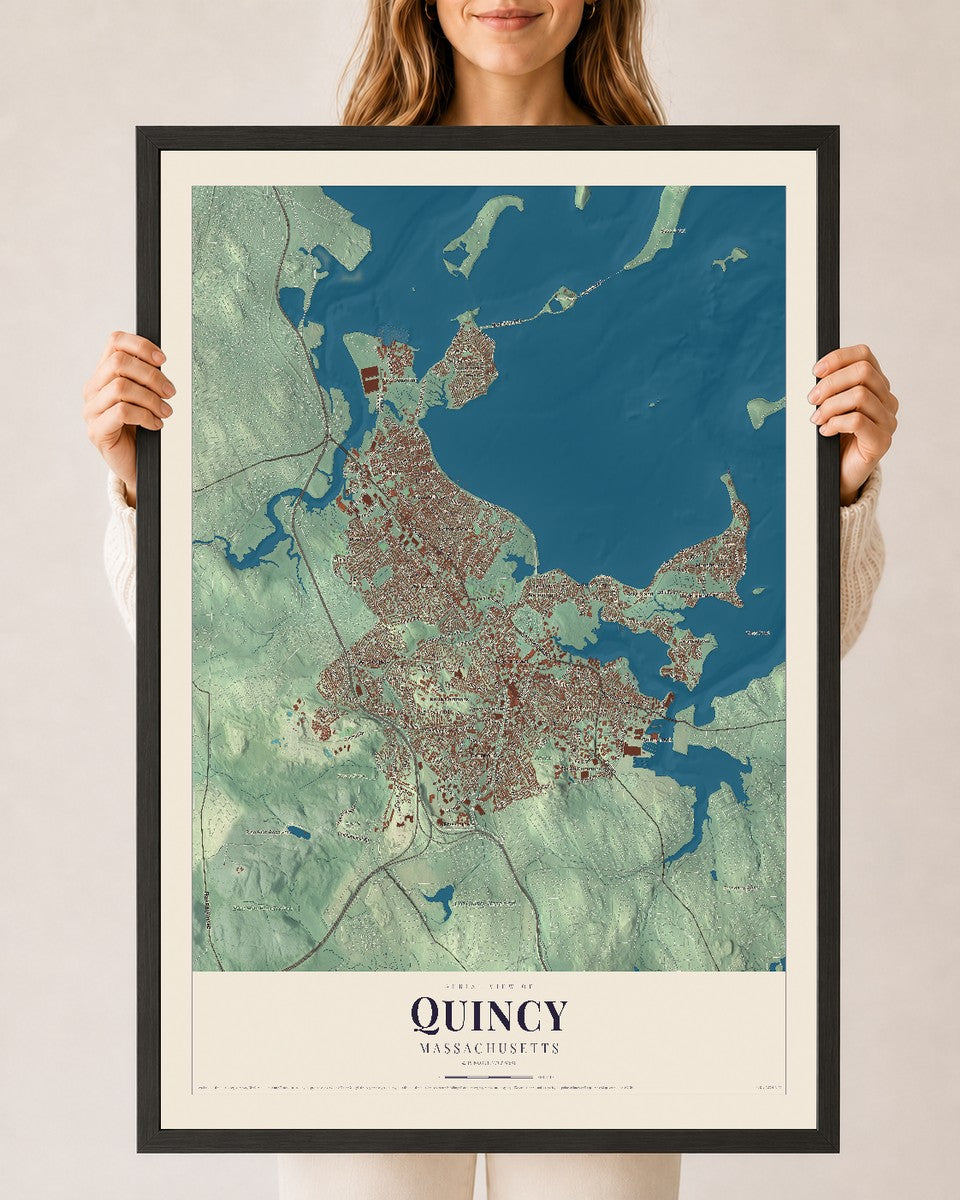 Quincy, Massachusetts map print - 24 x 36 black Ayous wood frame