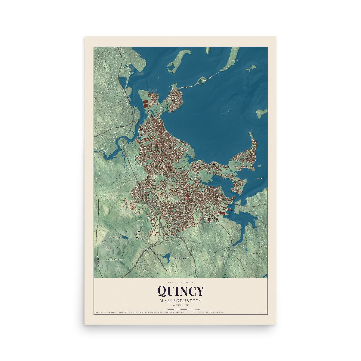 Map of Quincy, Massachusetts, 12 x 18 inch unframed archival matte print