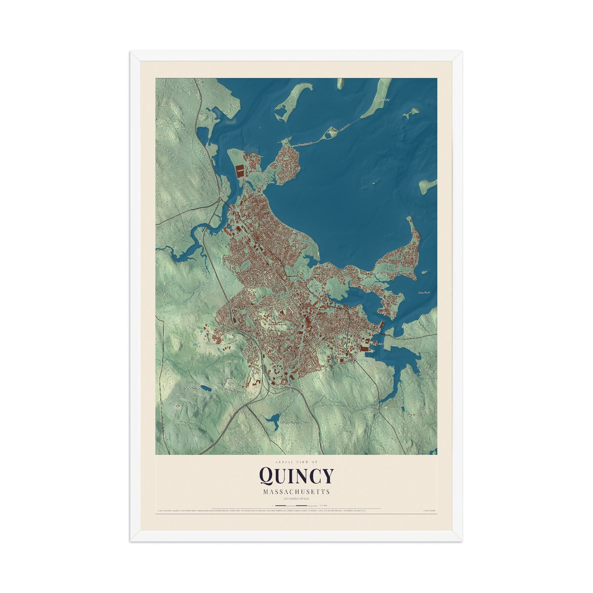 Map of Quincy, Massachusetts, 12 x 18 inch print in a white wood frame