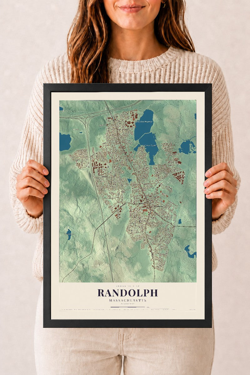 Randolph, Massachusetts map print - 12 x 18 black Ayous wood frame