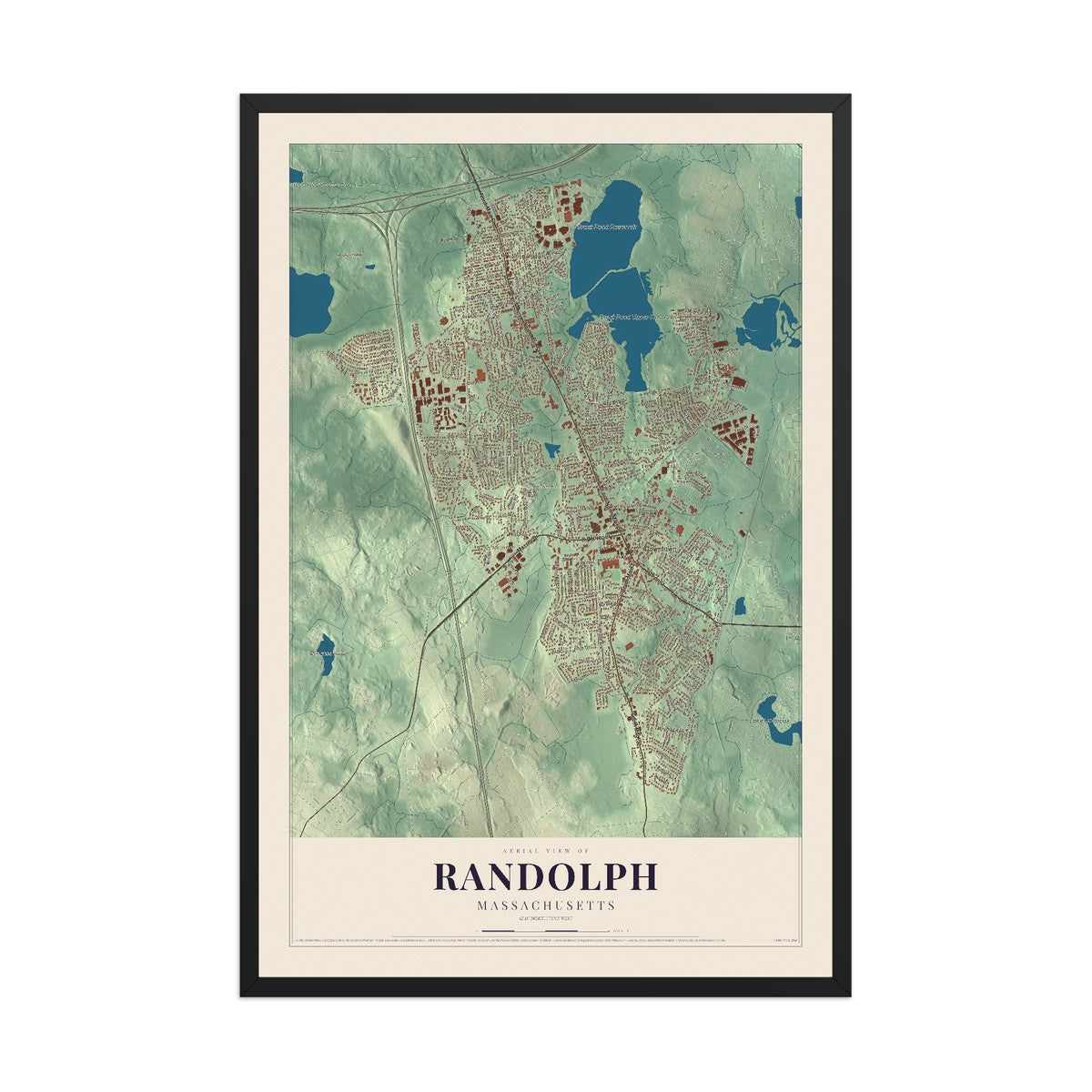 Map of Randolph, Massachusetts, 12 x 18 inch print in a black wood frame