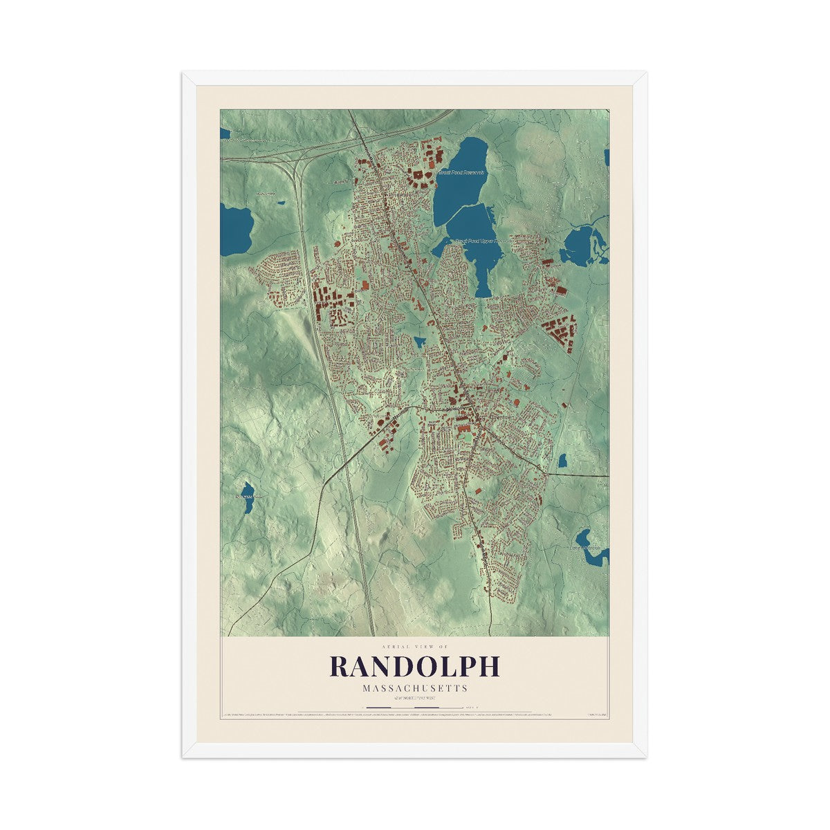 Map of Randolph, Massachusetts, 12 x 18 inch print in a white wood frame