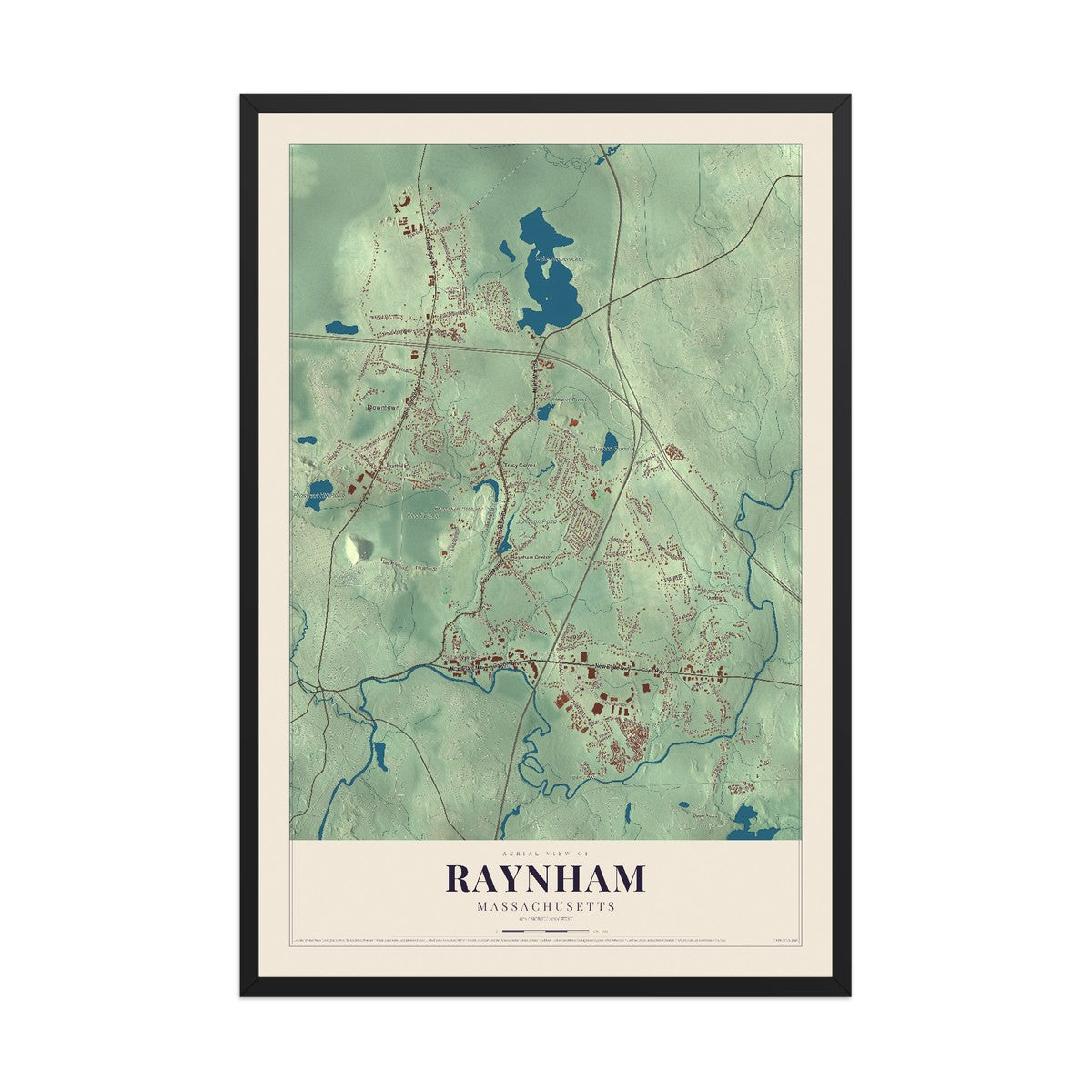 Map of Raynham, Massachusetts, 12 x 18 inch print in a black wood frame