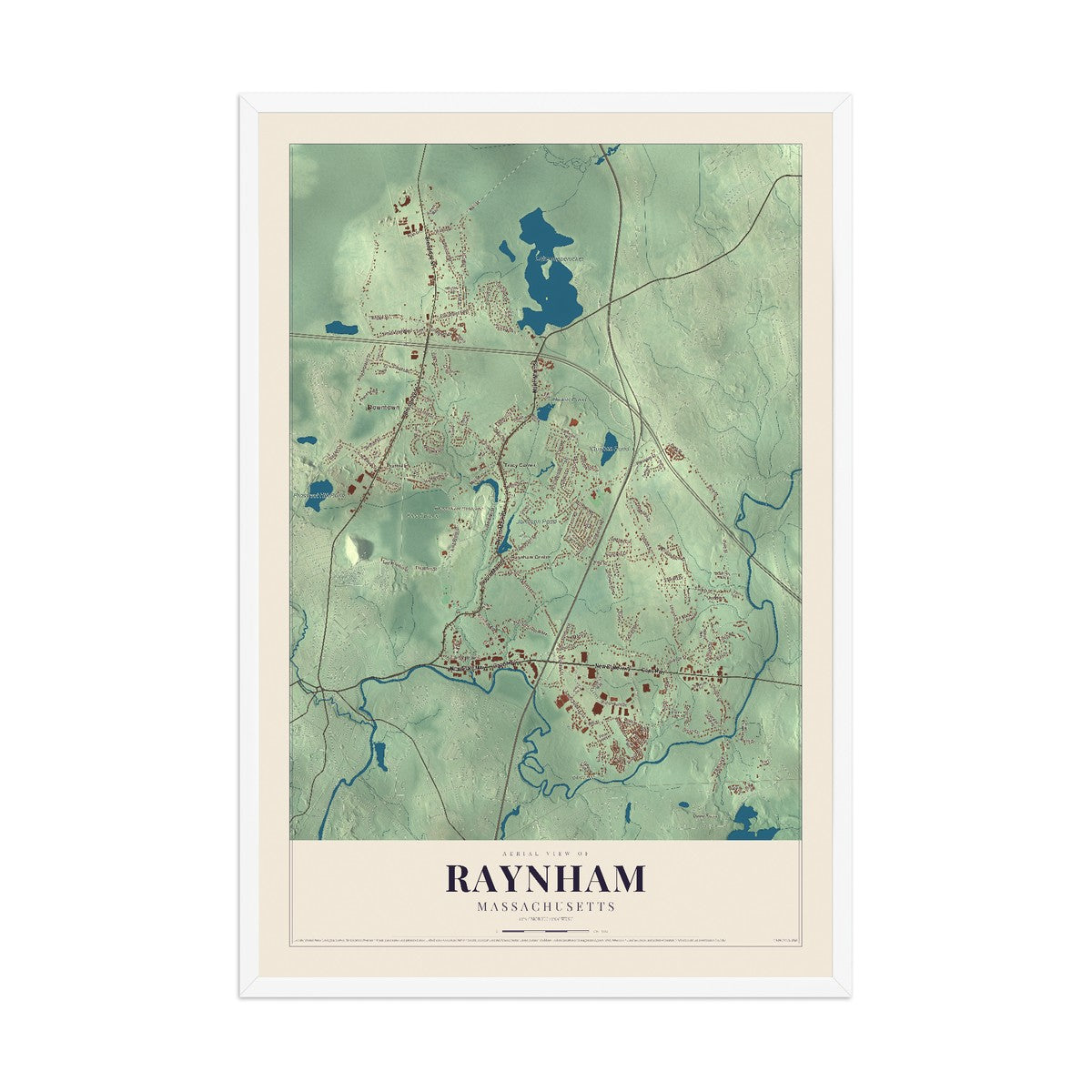 Map of Raynham, Massachusetts, 12 x 18 inch print in a white wood frame