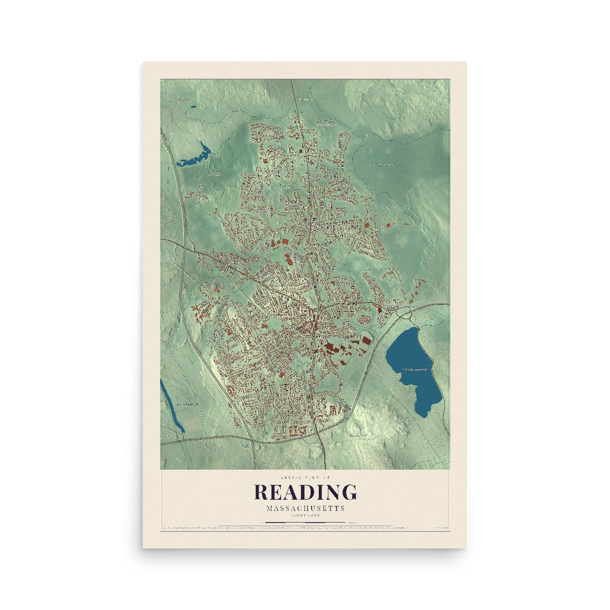 Map of Reading, Massachusetts, 12 x 18 inch unframed archival matte print
