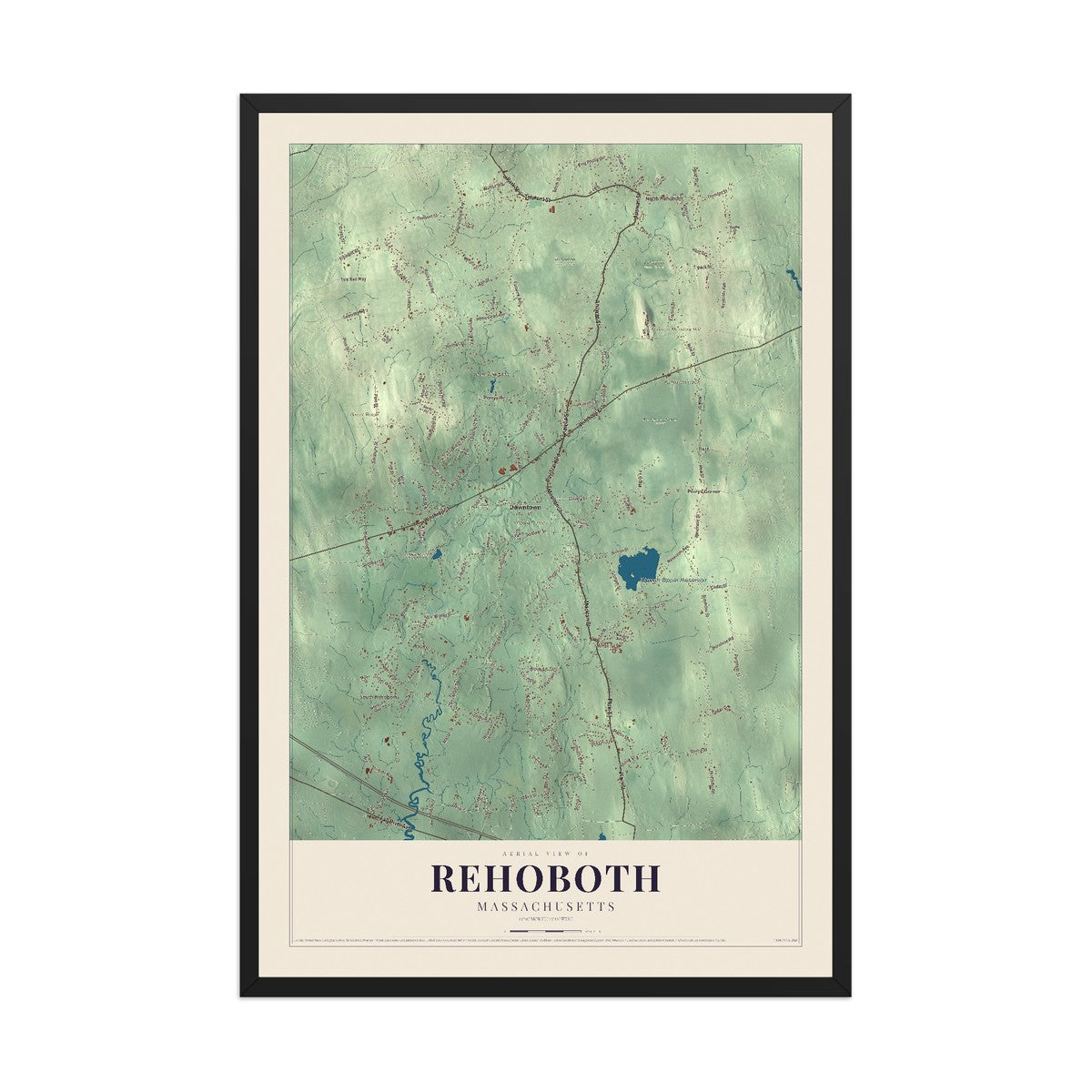 Map of Rehoboth, Massachusetts, 12 x 18 inch print in a black wood frame