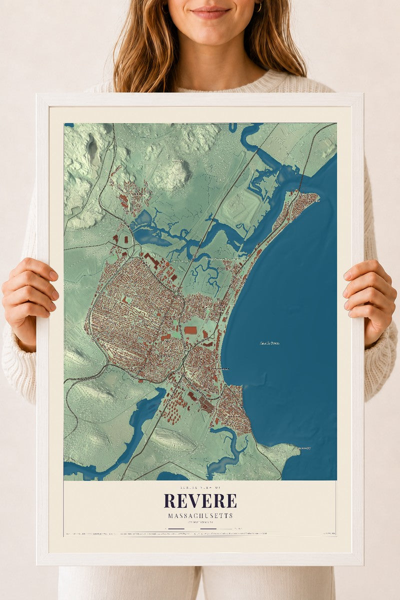 Revere, Massachusetts map print - 18 x 24 white Ayous wood frame