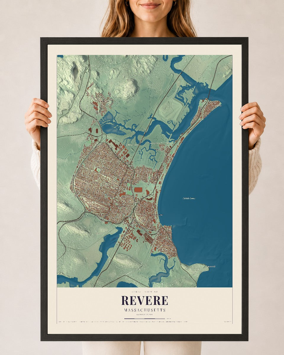 Revere, Massachusetts map print - 24 x 36 black Ayous wood frame
