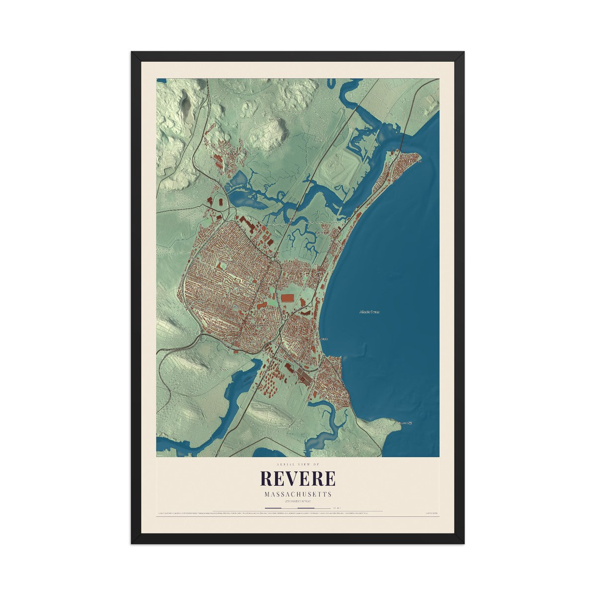 Map of Revere, Massachusetts, 12 x 18 inch print in a black wood frame