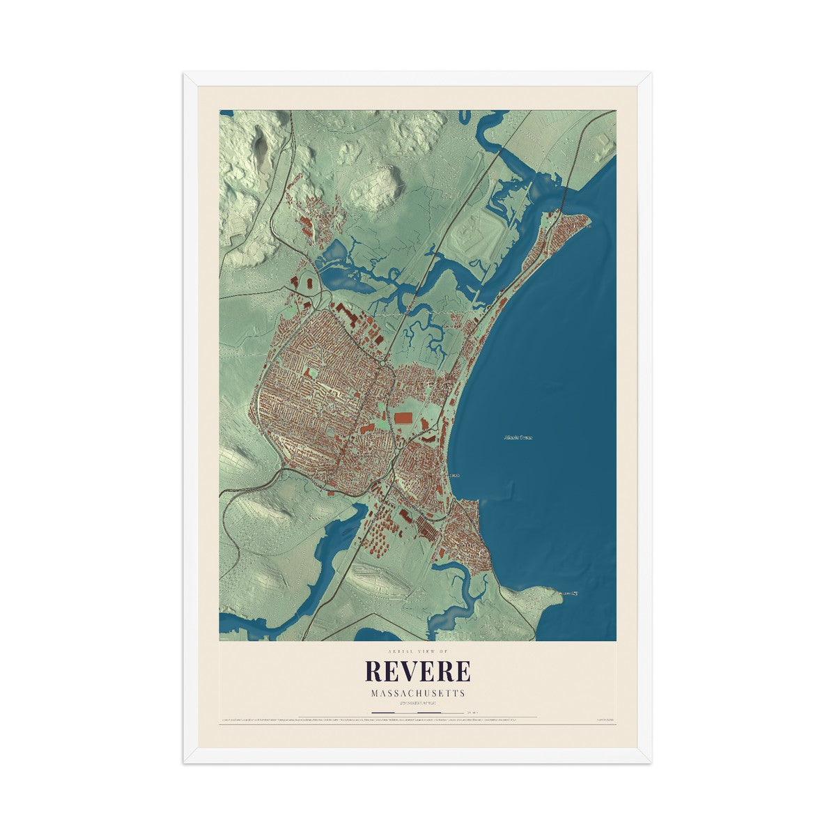 Map of Revere, Massachusetts, 12 x 18 inch print in a white wood frame