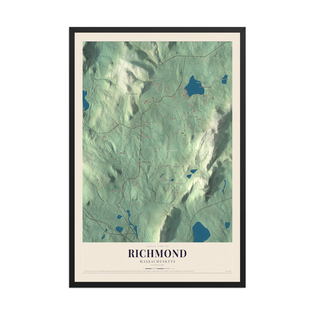 Map of Richmond, Massachusetts, 12 x 18 inch print in a black wood frame