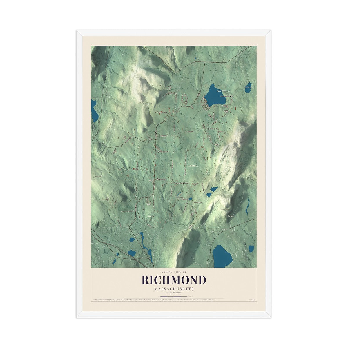Map of Richmond, Massachusetts, 12 x 18 inch print in a white wood frame