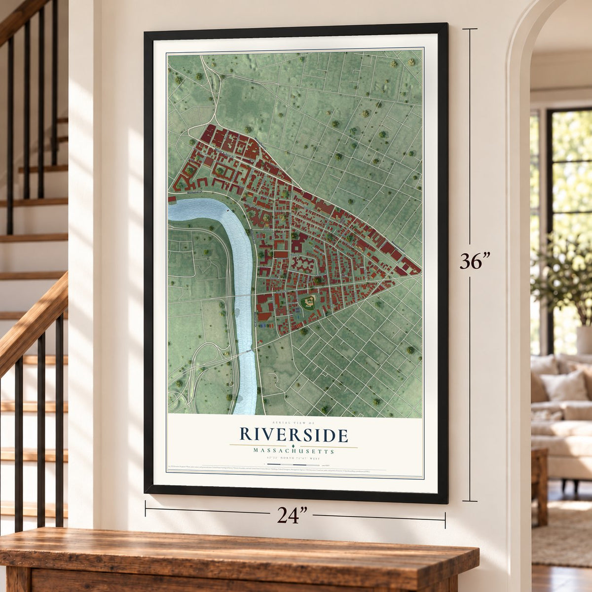 Riverside, Massachusetts map, 24 x 36 inch print in a black frame by a staircase