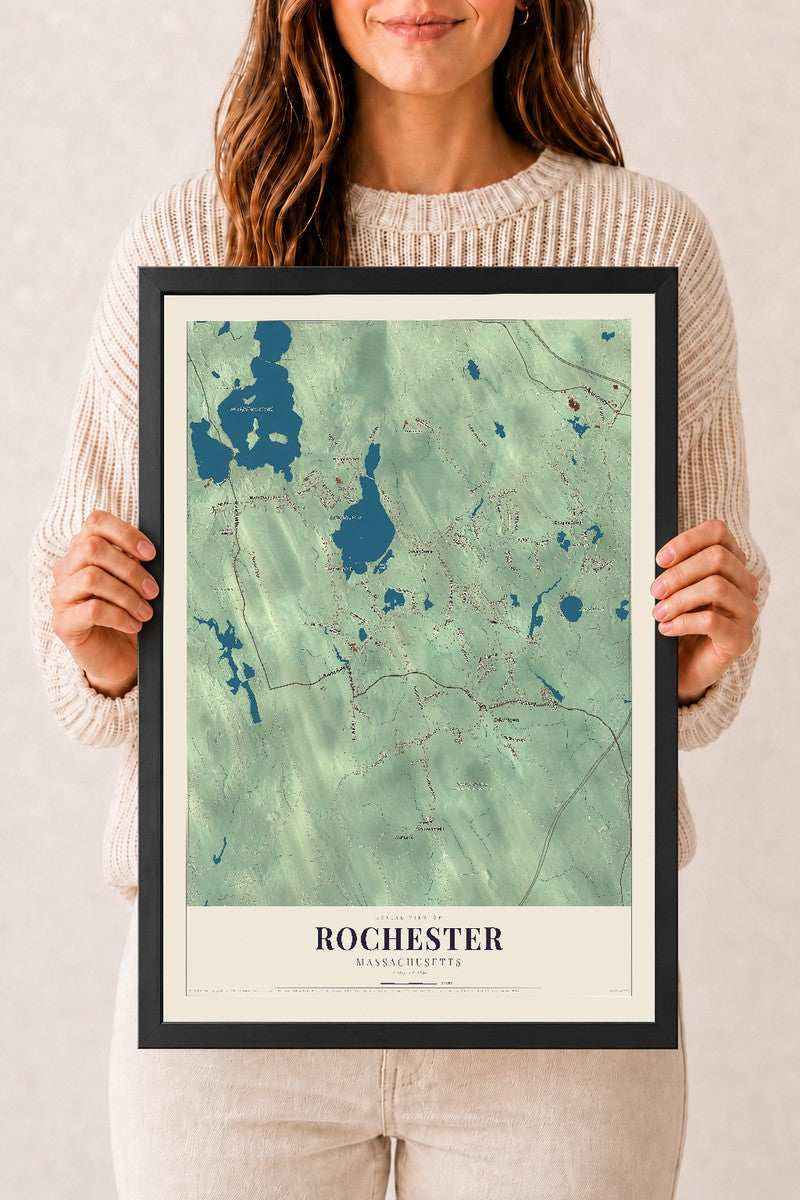 Rochester, Massachusetts map print - 12 x 18 black Ayous wood frame