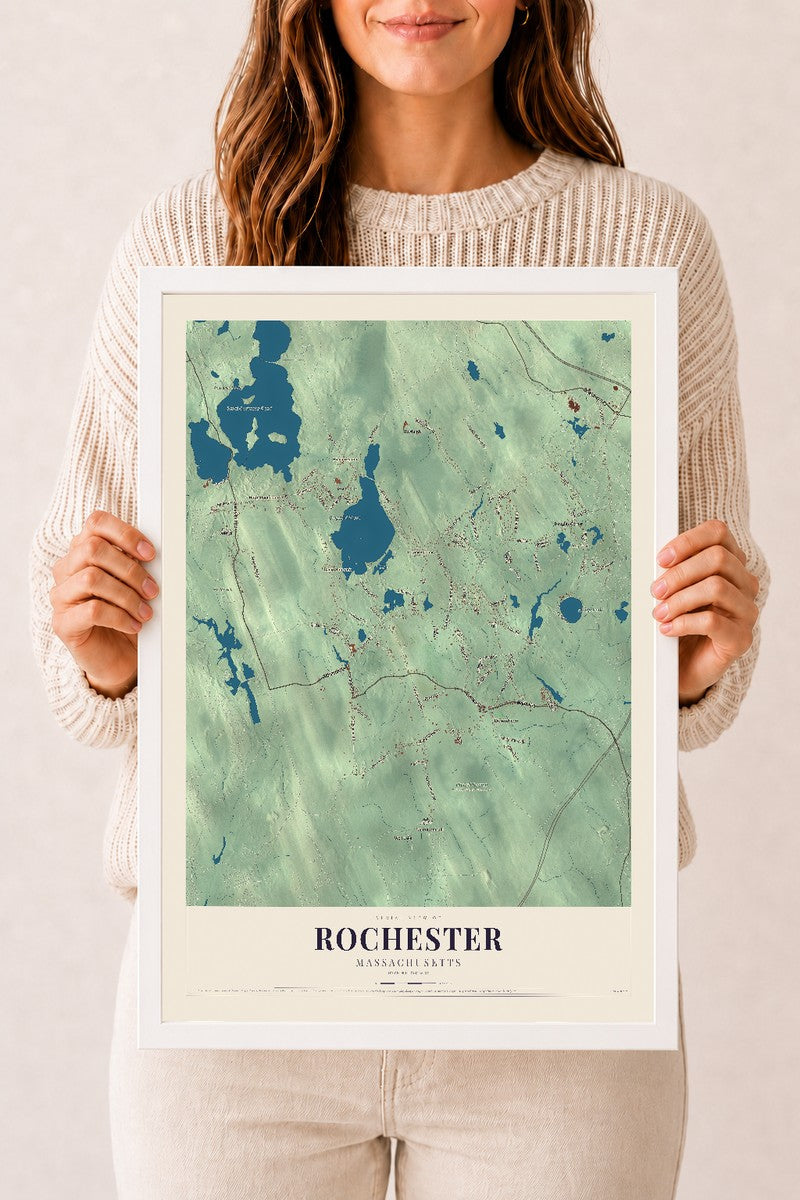 Rochester, Massachusetts map print - 12 x 18 white Ayous wood frame