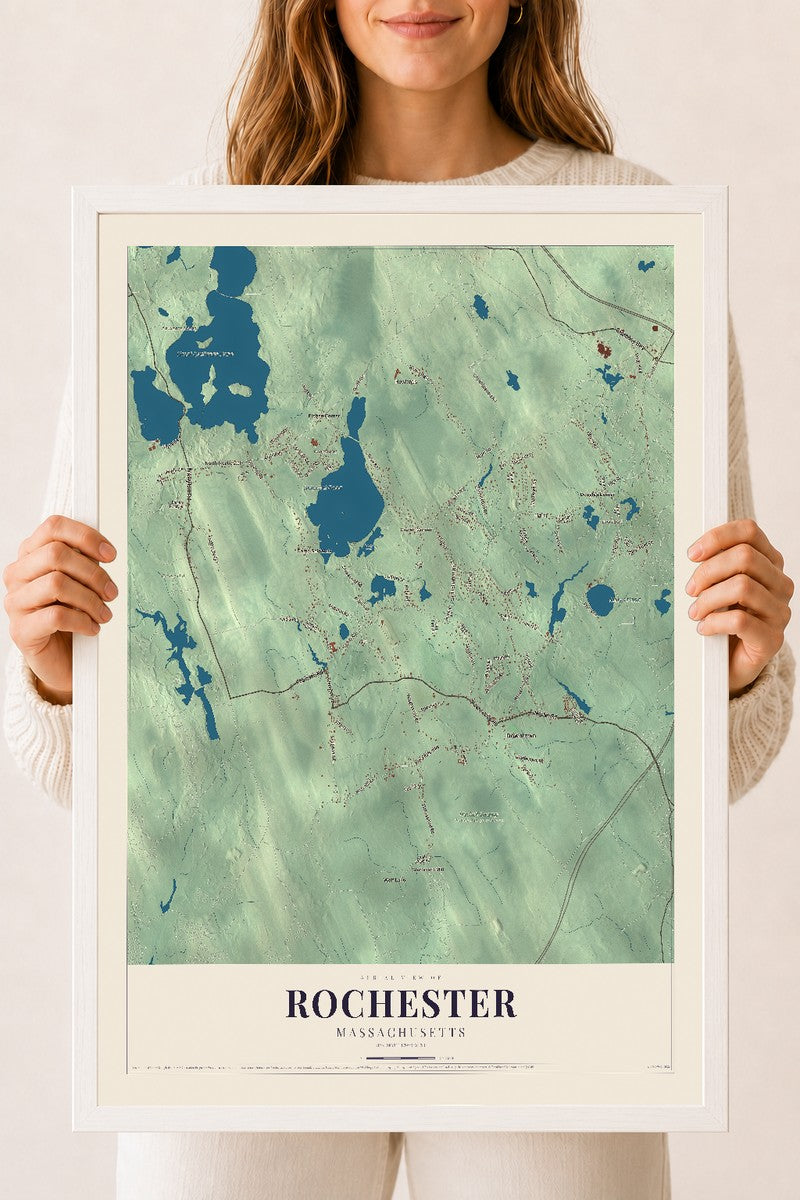 Rochester, Massachusetts map print - 18 x 24 white Ayous wood frame
