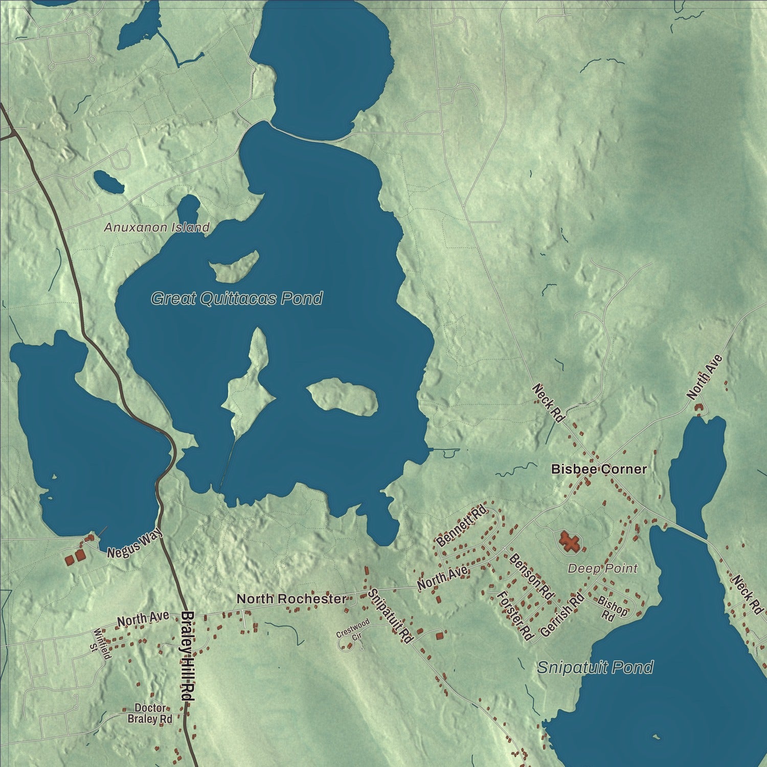 Terrain and local geography detail from the Rochester, Massachusetts map