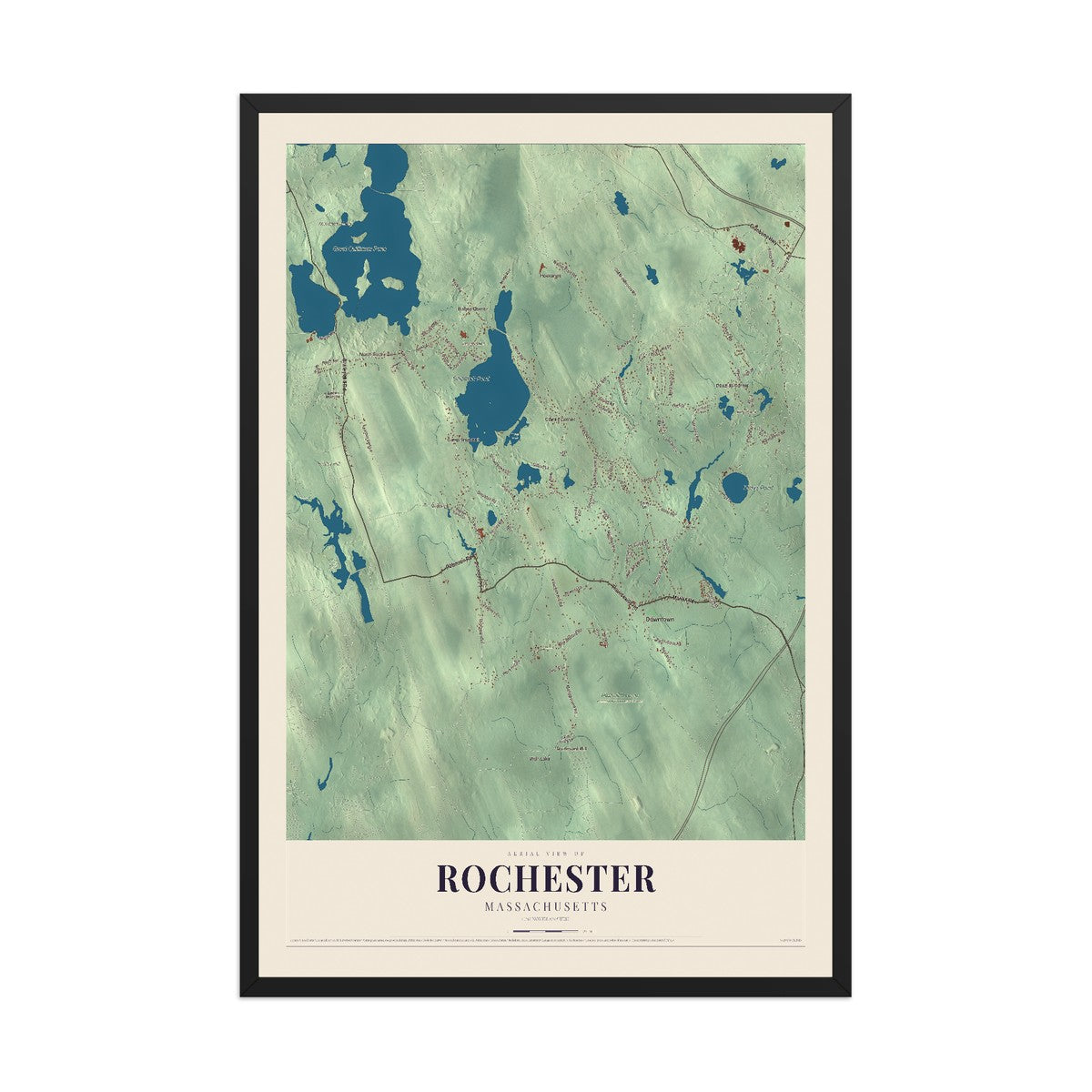 Map of Rochester, Massachusetts, 12 x 18 inch print in a black wood frame