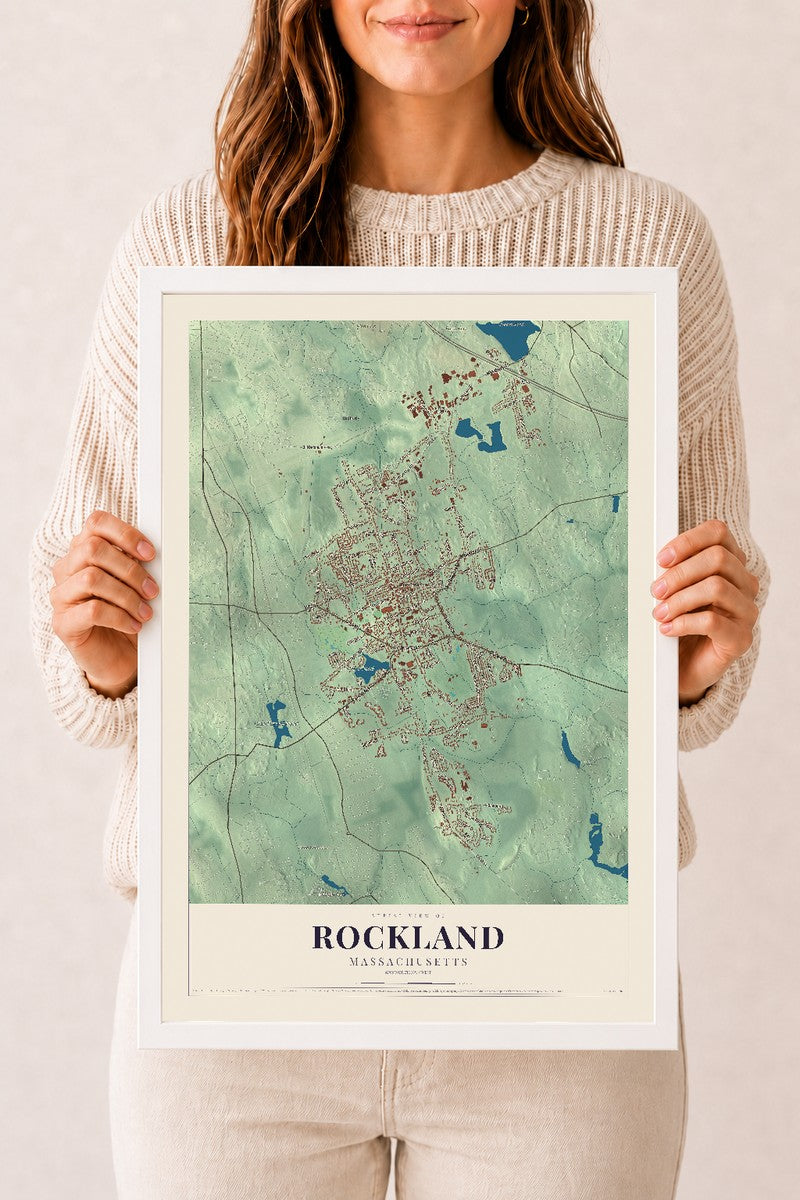 Rockland, Massachusetts map print - 12 x 18 white Ayous wood frame
