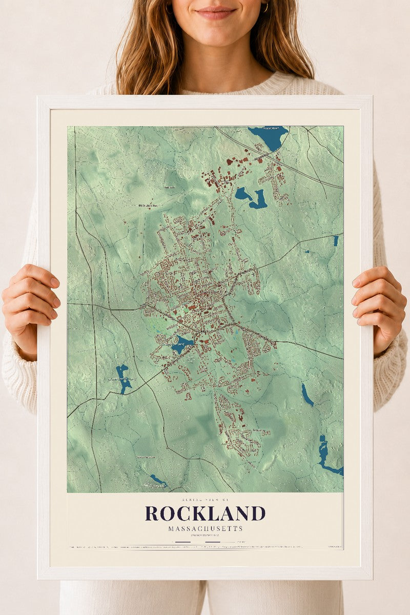Rockland, Massachusetts map print - 18 x 24 white Ayous wood frame
